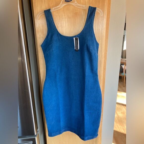 RETROD Dress sleeveless denim stretchy back zip kick pleat Bodycon fitted medium - Picture 3 of 16